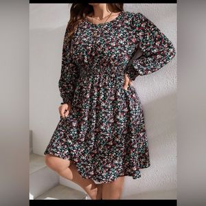 Plus Ditsy Floral Print Shirred Waist Dress